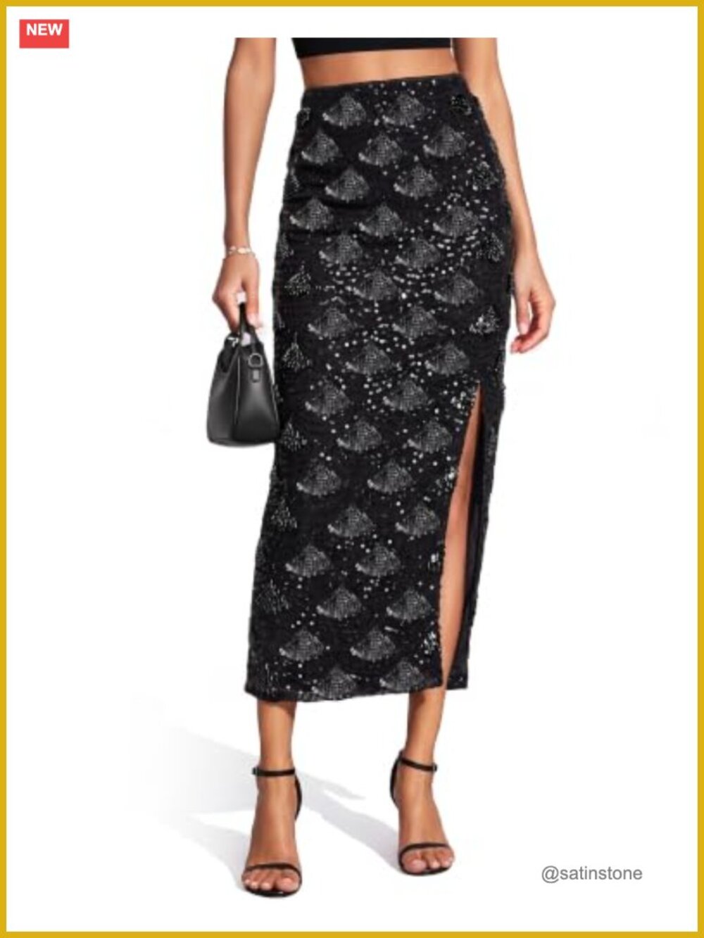 Sequin Mesh Midi Skirt High Waist Side Slit Elastic Waistband